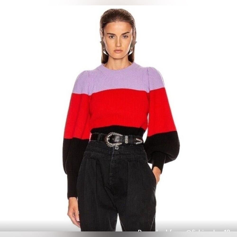 A.L.C. Cashmere Wool Sammy Puff Sleeve Sweater Sz M Colorblock Purple Red Black